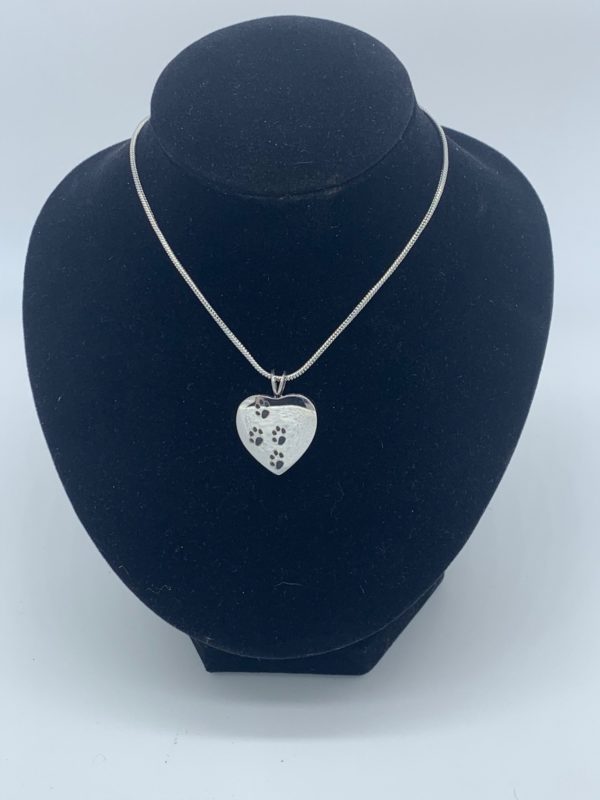 Silver Heart with Black Paws Pet Cremation Necklace